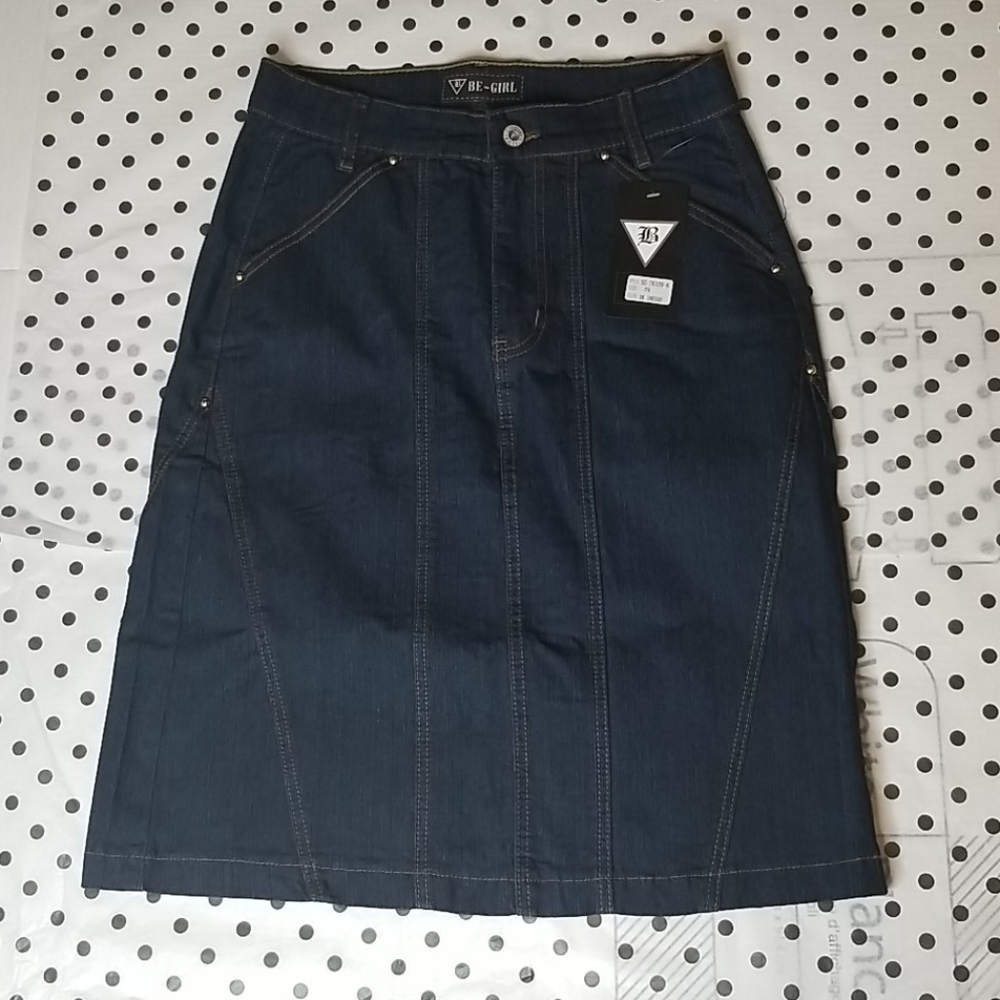 Be Girl Dark Denim Knee Length Studded Gore Skirt